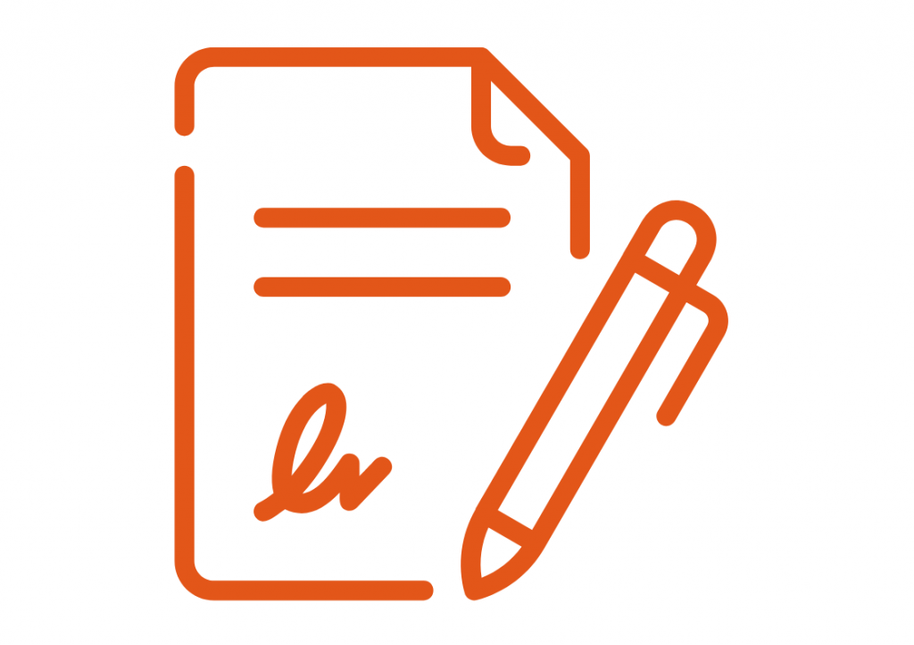 Orange graphic showing signed piece of paper and pen depicting a will